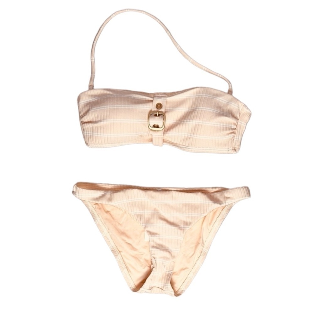 BCBG Size Small 2 Piece Bikini Nude and White Striped Halter Neck Padded Top NWT